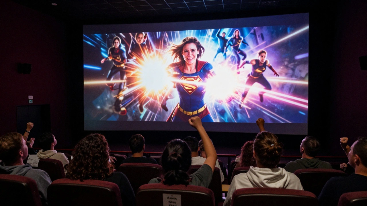 Diverse audience captivated by a superhero film on theater screen, light reflecting on their faces, empty director's nameplate in front row.