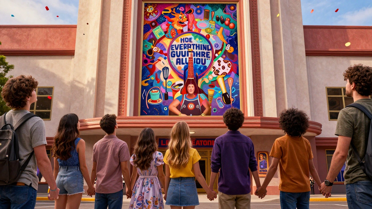 Diverse audience gazing at Everything Everywhere All At Once poster under golden light.