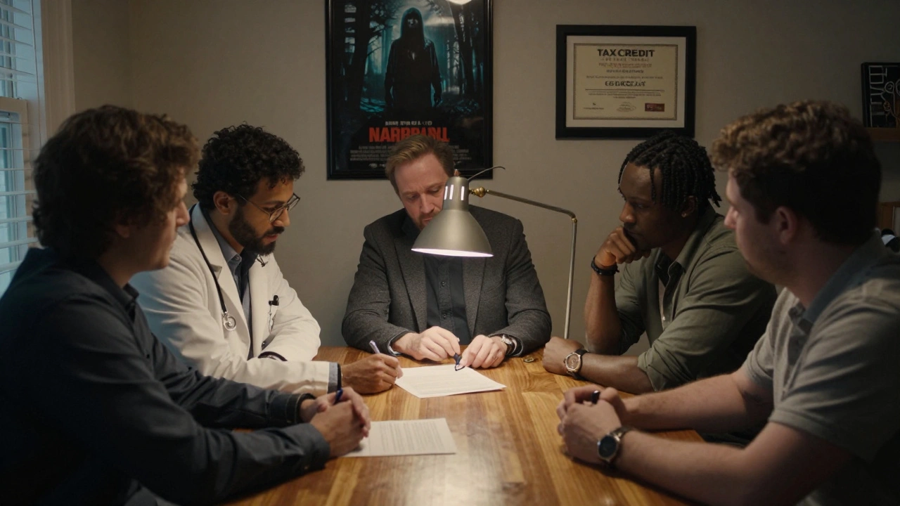 Diverse group of investors reviewing an indie film contract in a dimly lit room with a tax credit certificate on the wall.