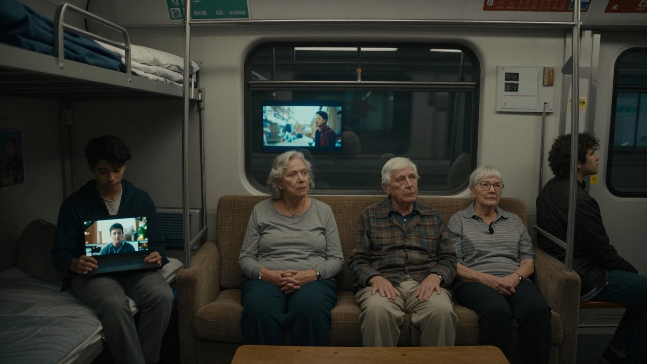 Diverse viewers emotionally connecting with an indie film on their screens.