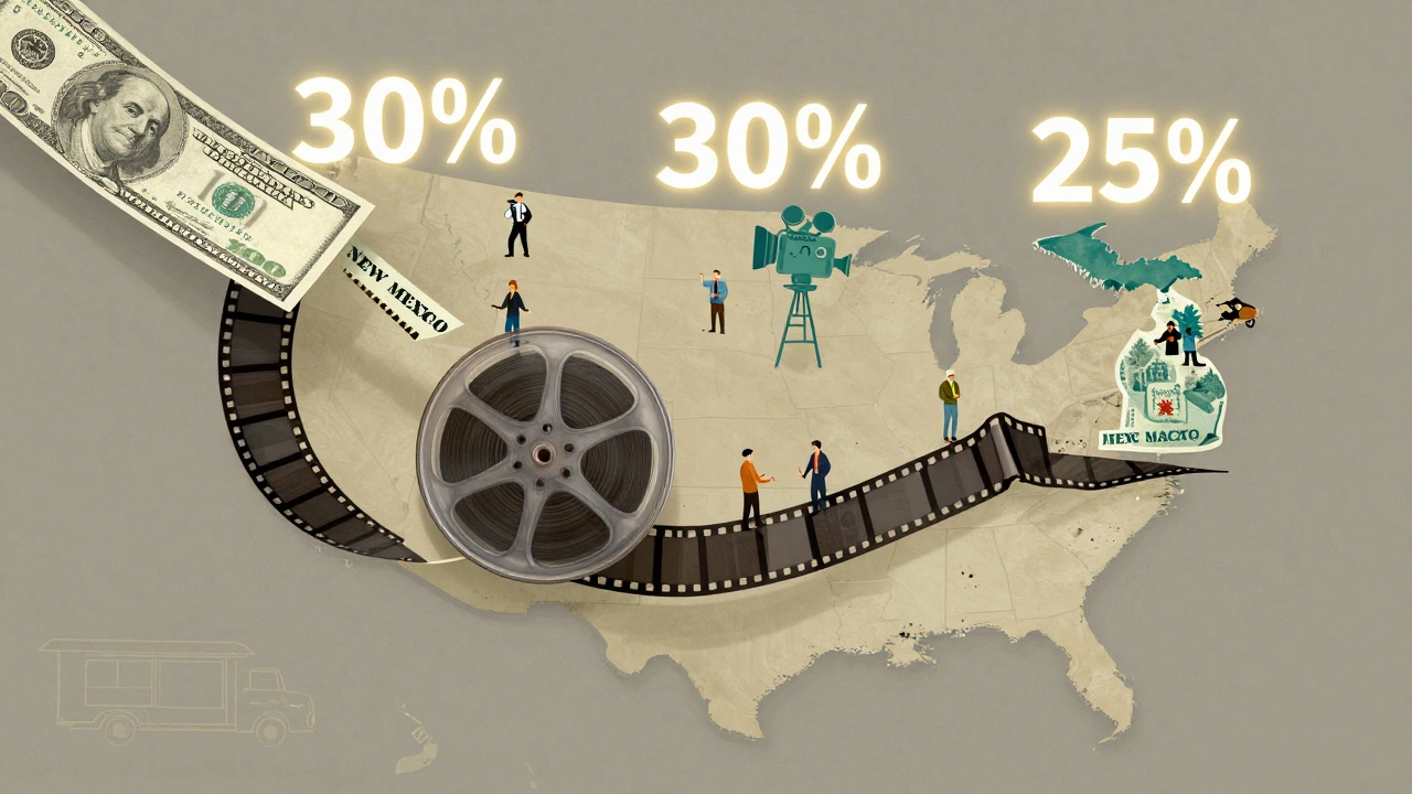 Dollar bill turning into film reels and crew icons across a map of U.S. states with incentive percentages.
