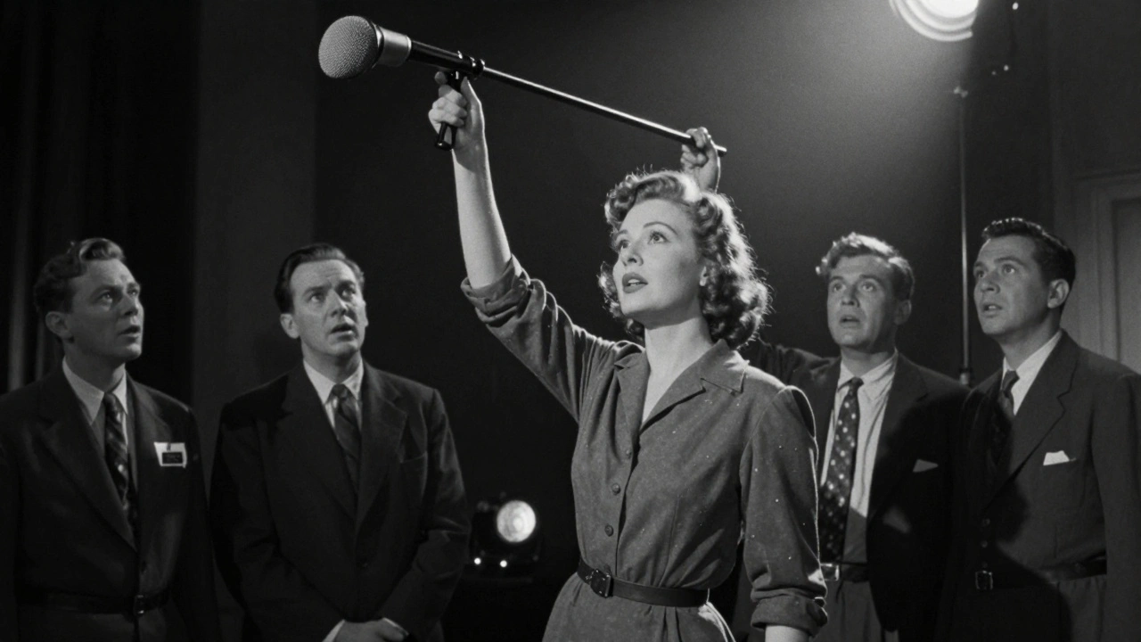 Dorothy Arzner inventing the boom mic on a 1930s film set while male crew members watch in surprise.