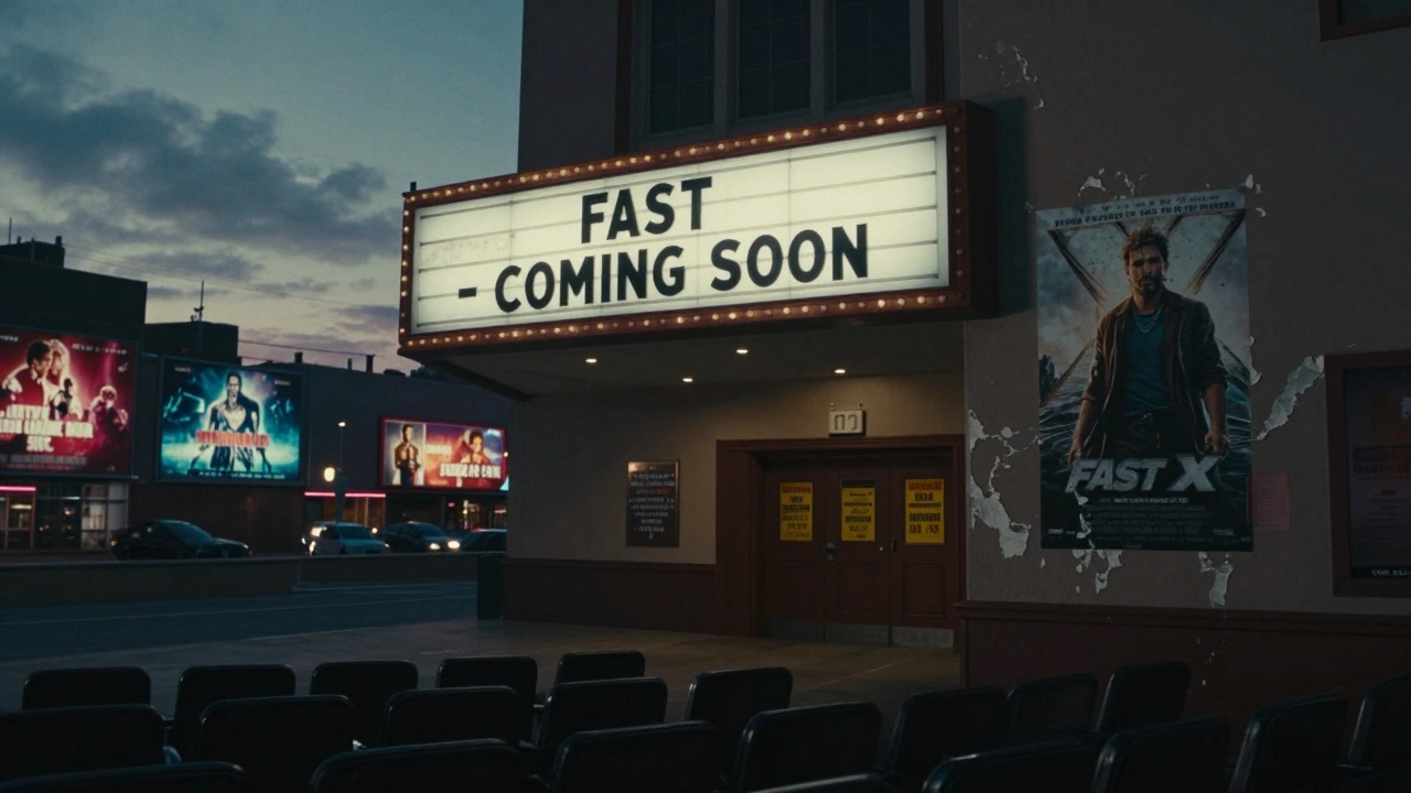 Empty movie theater with a faded 'FAST X' marquee and peeling poster under dusk lighting.