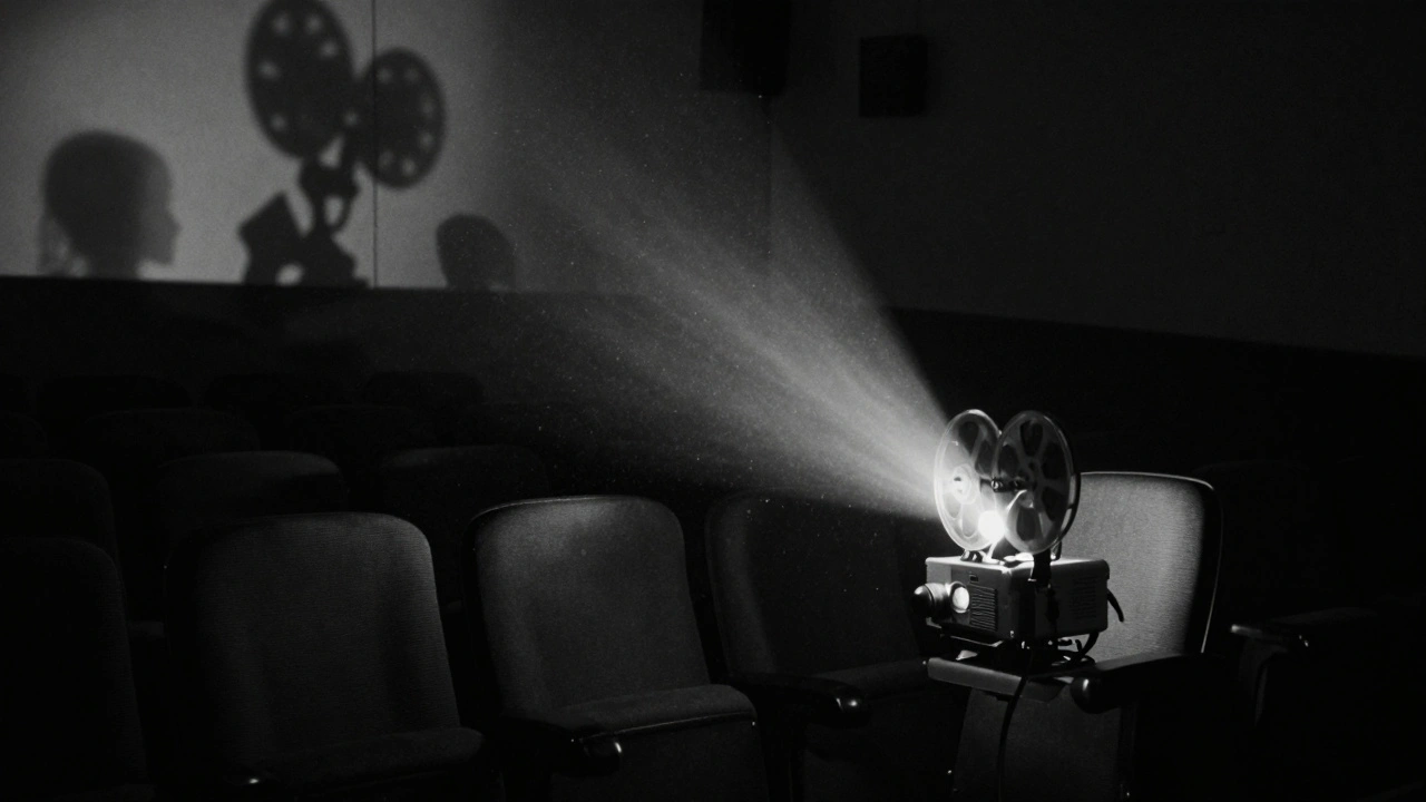 Empty theater seat lit by a flickering film projector, shadows of unseen viewers in the dark.