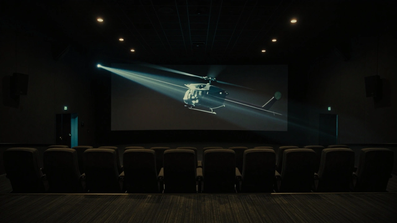 Empty theater with a helicopter sound object moving overhead, traced by faint glowing lines across ceiling speakers.