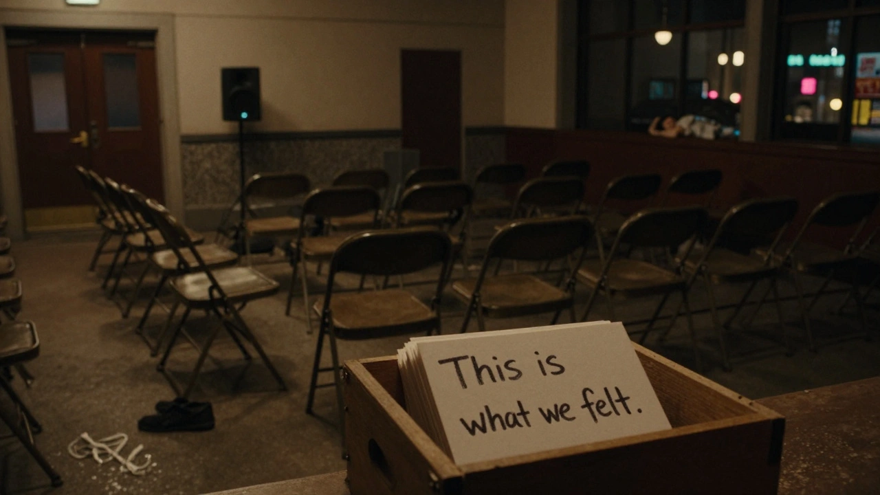Empty theater with folding chairs and a box of handwritten notes, ambient sound echoing in quiet darkness.