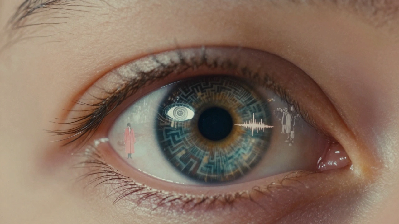 Eyes reflecting iconic film symbols: spiral, maze, soundwave, and red coat in a surreal collage.