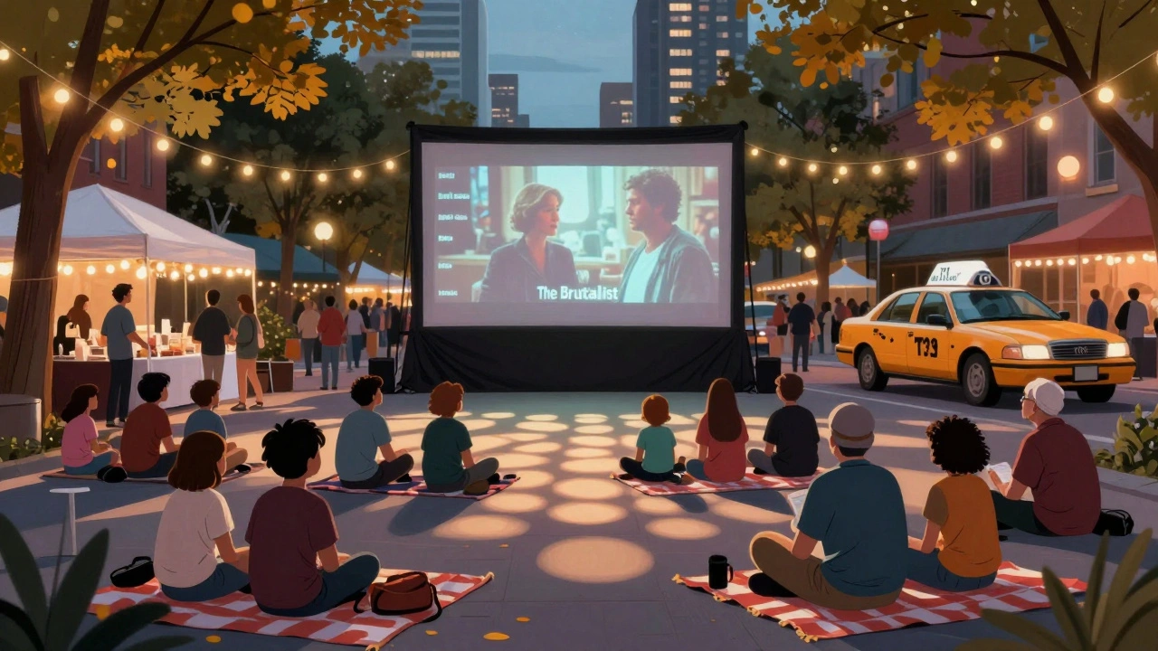 Families and friends watching a free outdoor movie under string lights at Nathan Phillips Square in Toronto.