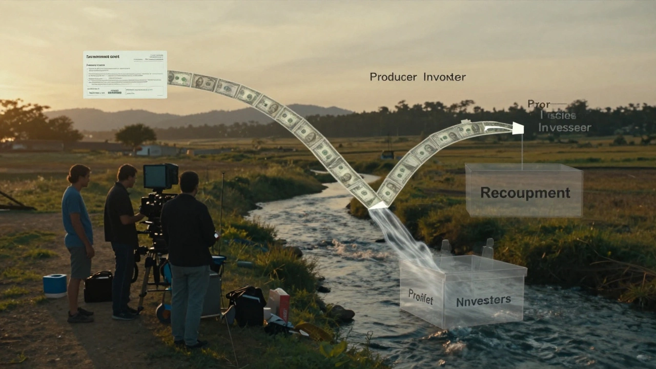 Film crew on location with transparent financial streams flowing into recoupment box.