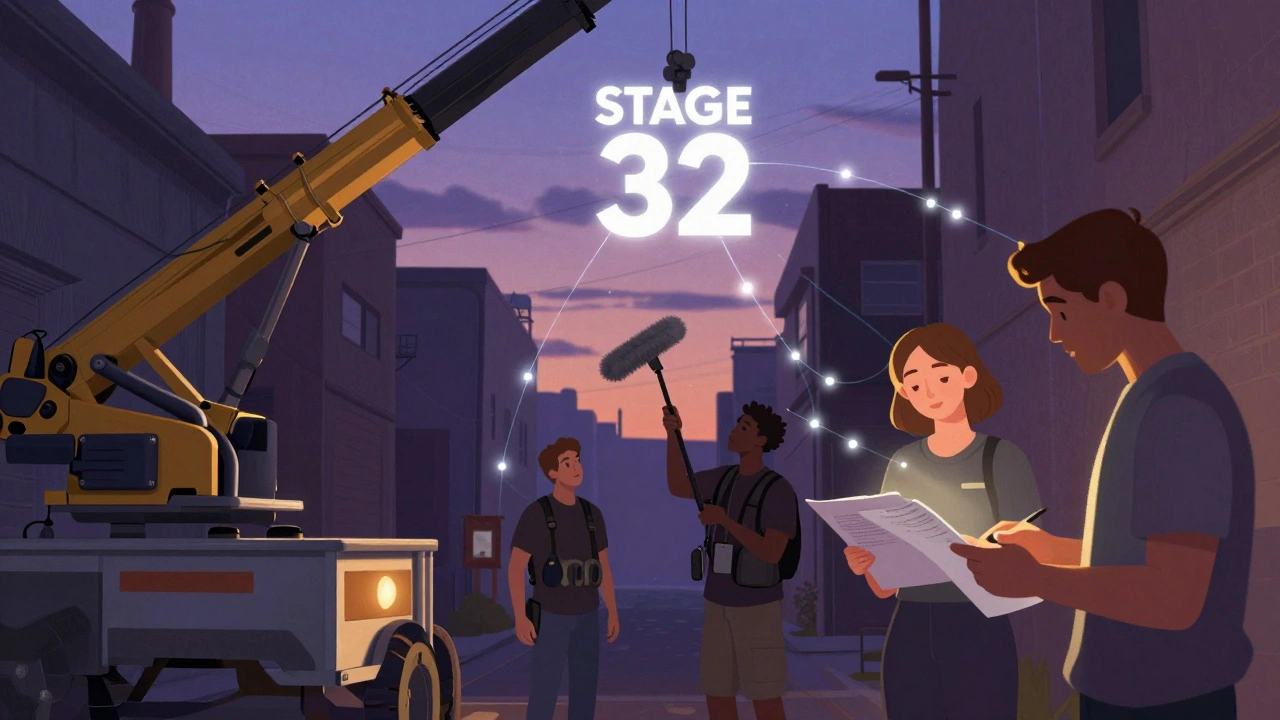 Film crew working in an alley with digital connections to Stage 32 platform above them.