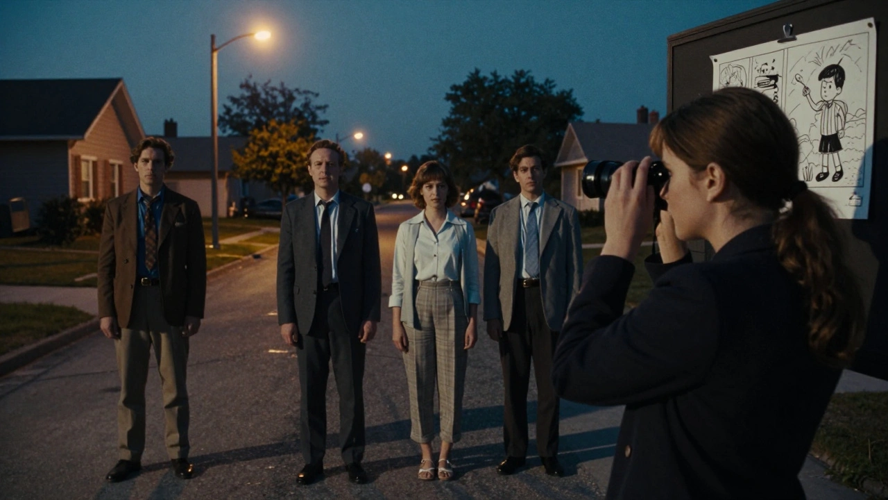 Film director watching actors on set, shadowy lighting echoing comic book art style.