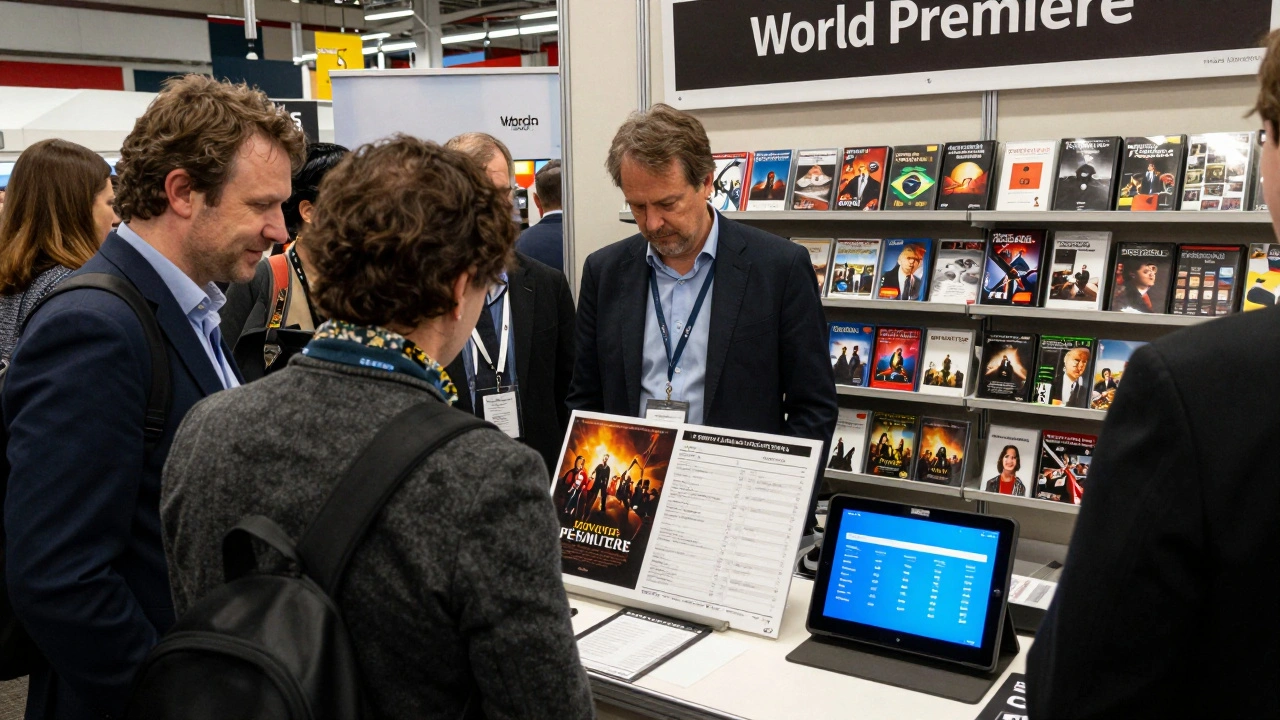 Film distributors at Toronto International Film Festival reviewing a sales deck and trailer.