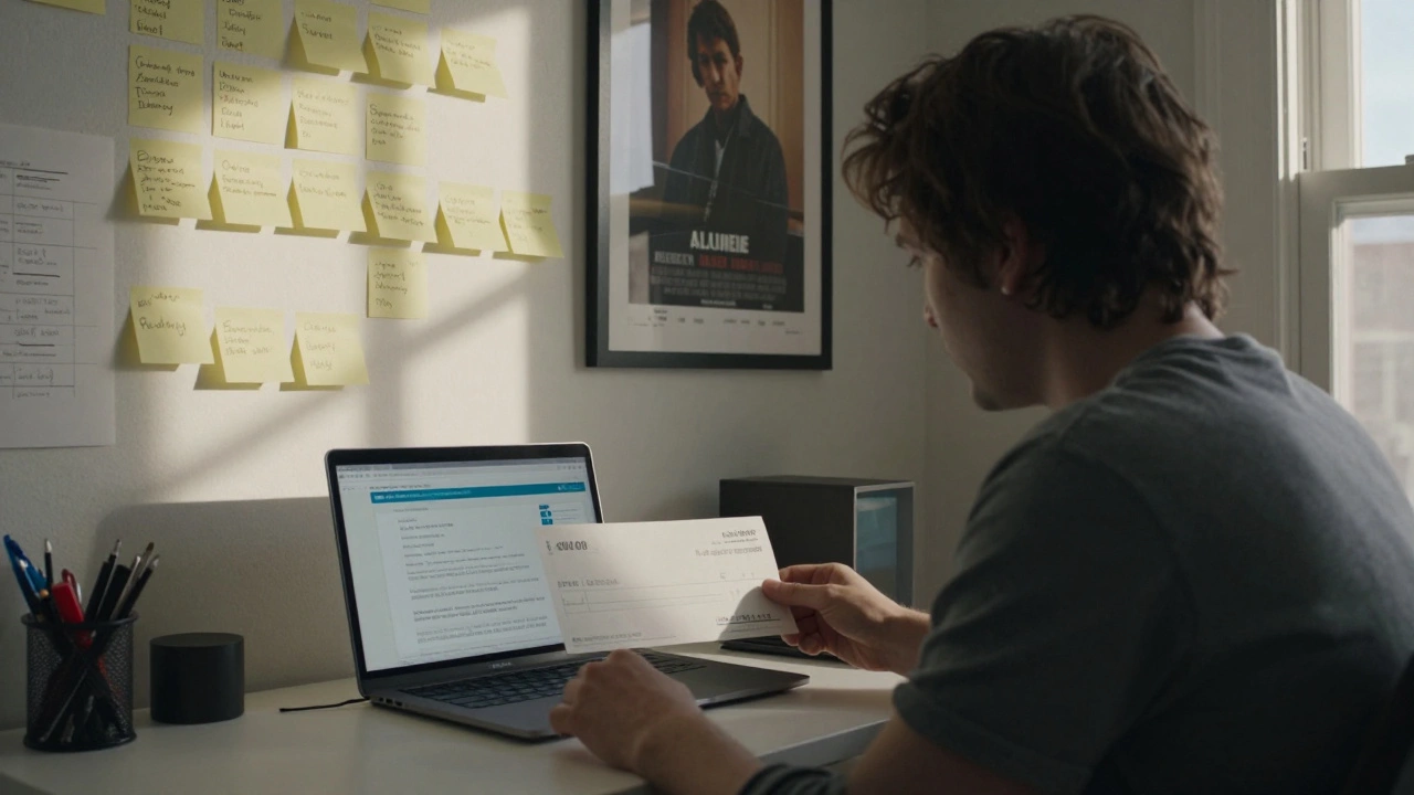 Filmmaker holding a distribution check in their apartment surrounded by festival notes and streaming data.