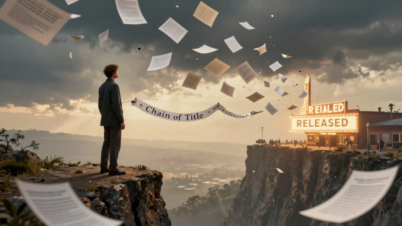 Filmmaker holding a fragile chain of title documents as legal papers blow away into a stormy abyss.