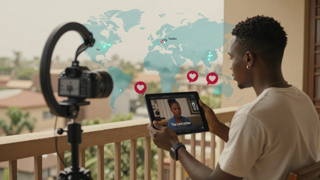 Filmmaker in Lagos conducting a live online Q&amp;A for her film with a global audience map.