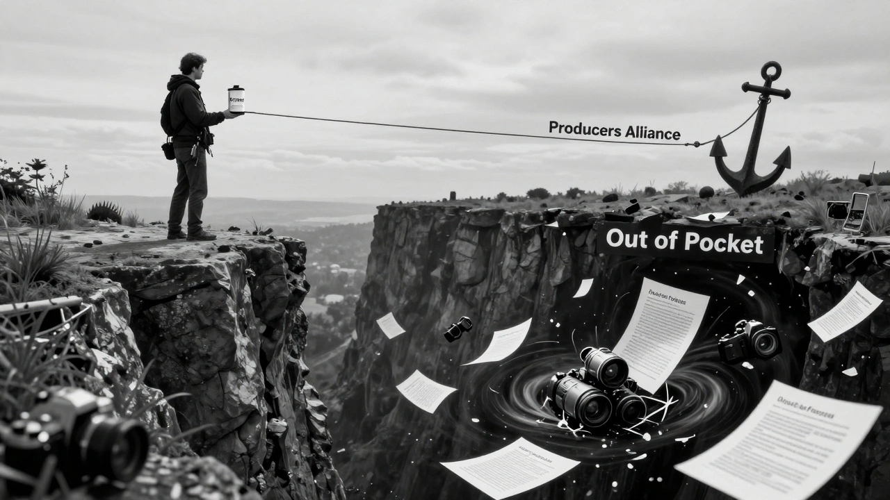 Filmmaker on cliff edge with safety rope labeled &#039;Insurance&#039; leading to distant anchor.