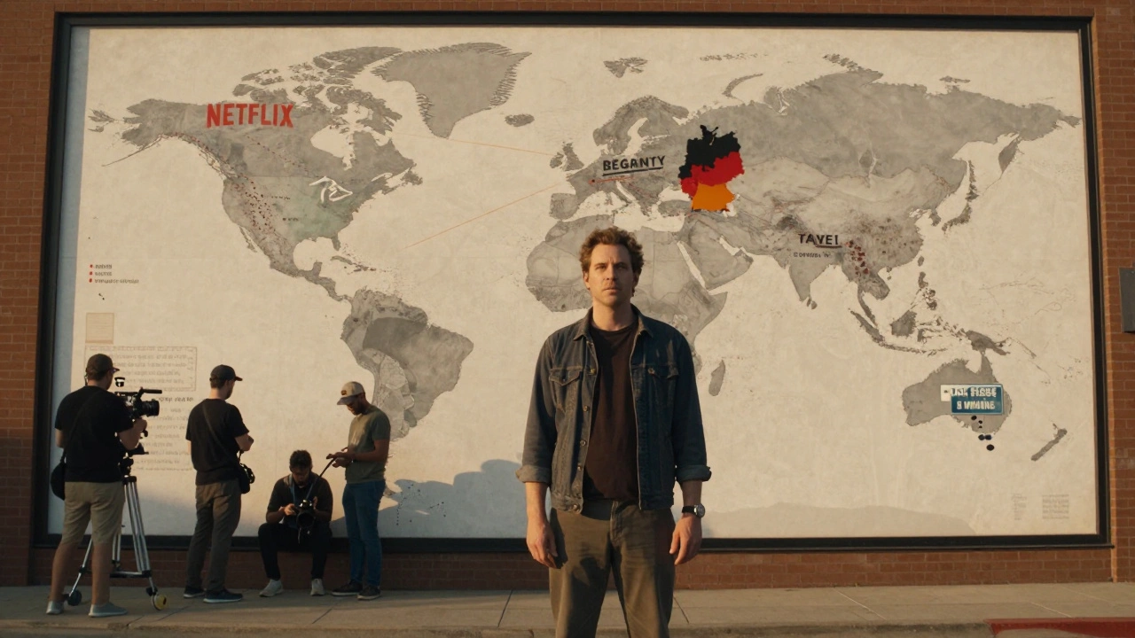 Filmmaker standing before a mural illustrating global distribution deals that funded their film.