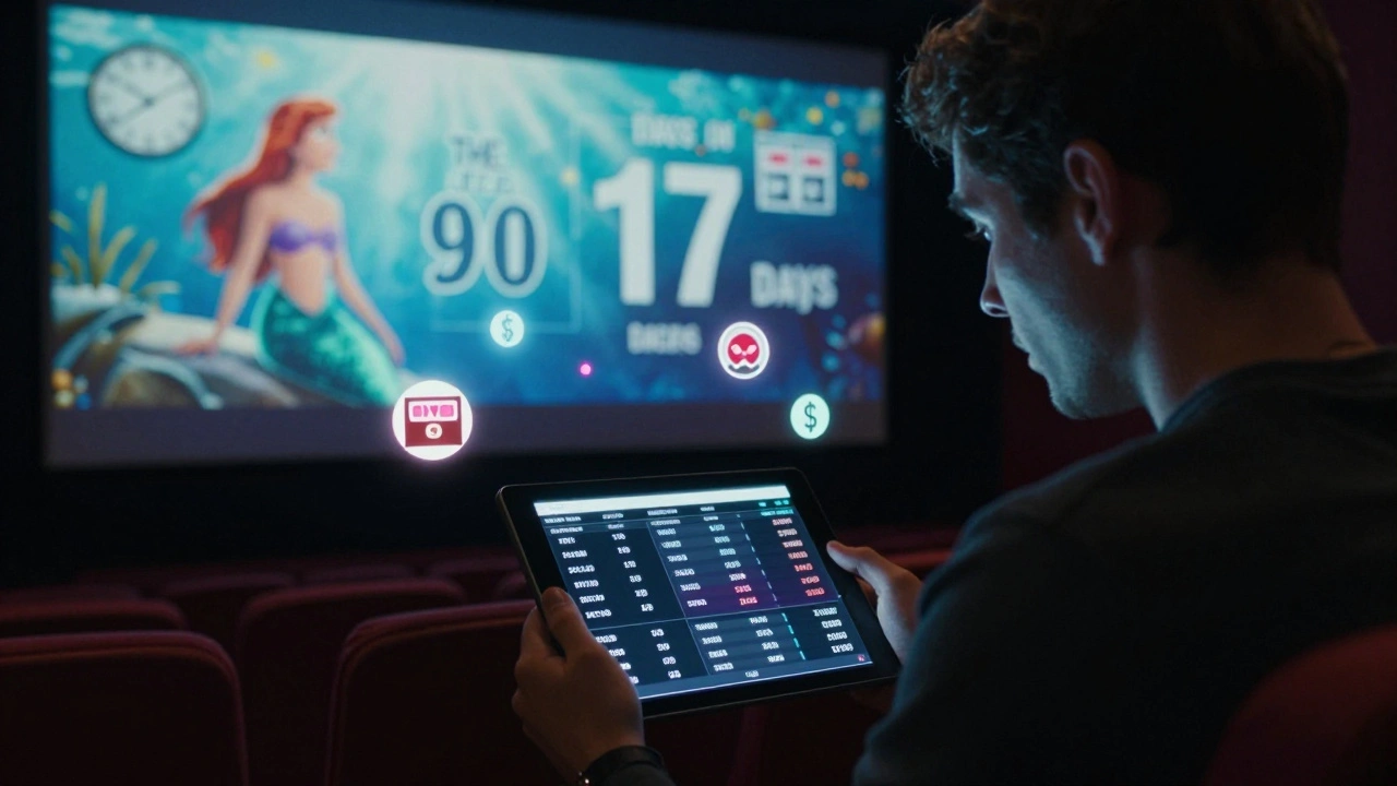 Filmmaker watching real-time movie revenue analytics on a tablet with theater and streaming icons.