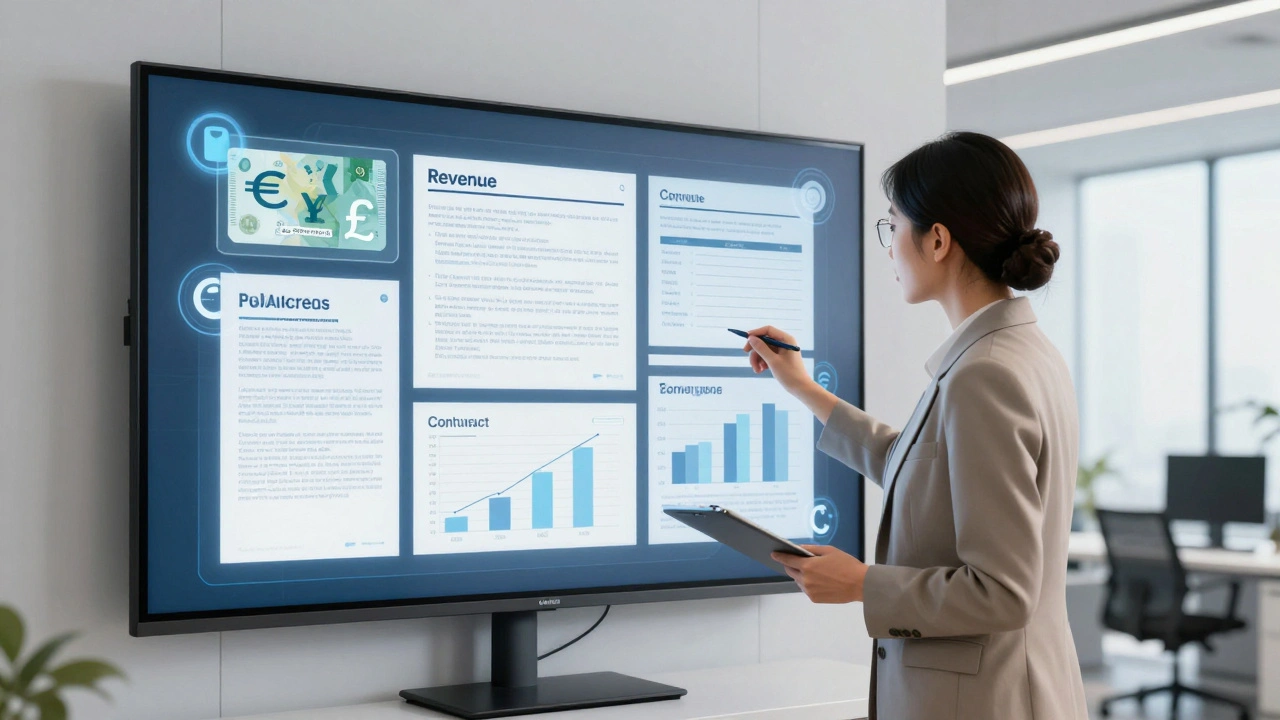 Financial agent reviewing film revenue contracts with holographic international payment icons and distribution charts.