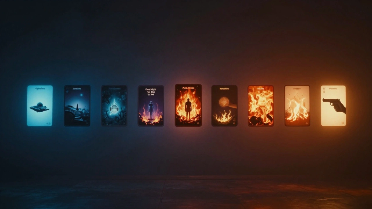 Floating index cards representing the 15-beat screenplay structure, glowing with emotional tones in a dark room.