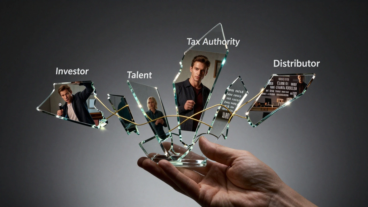 Fractured glass sculpture representing film revenue shares, connected by a golden thread under dramatic lighting.