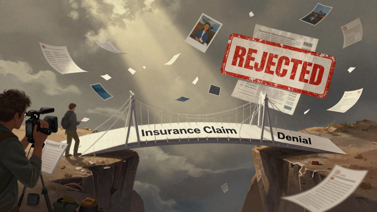 Fragile bridge of insurance claim collapsing into denial, surrounded by evidence fragments.