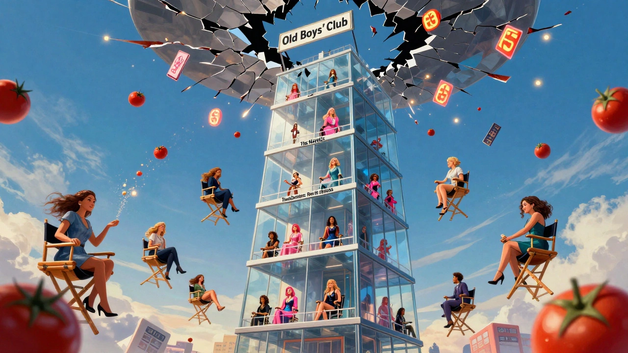 Glass tower of women-directed blockbusters rising through a cracked 'Old Boys' Club' ceiling with box office numbers glowing above.