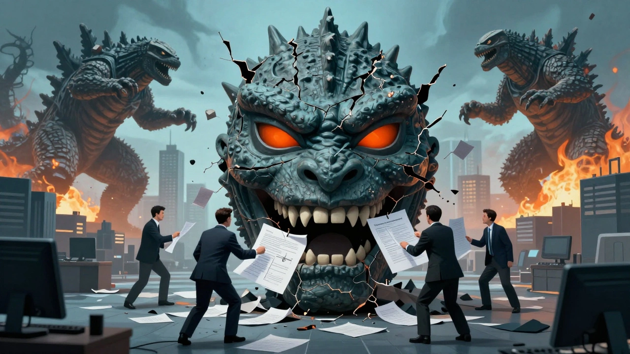 Godzilla mask cracking as bureaucrats try to fix it with paperwork, monsters fight in background.