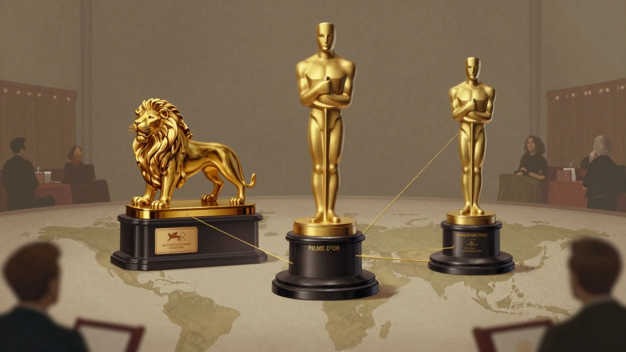 Golden Lion, Palme d’Or, and Sundance trophy connected by golden threads to Oscar statuettes.
