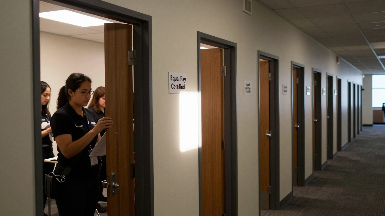 Hallway of closed and open doors representing gender disparity in film crew roles.