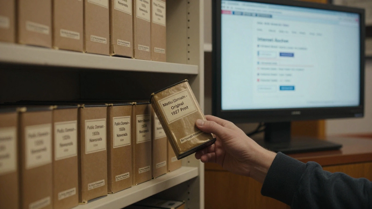 Hand pulling a public domain film canister from an archive shelf in the Library of Congress.