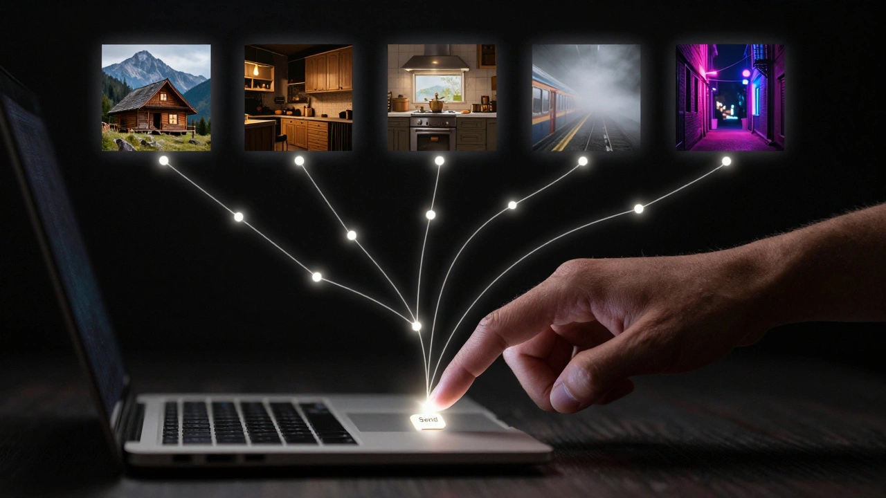 Hand sending an audition tape with glowing connections to indie film settings.