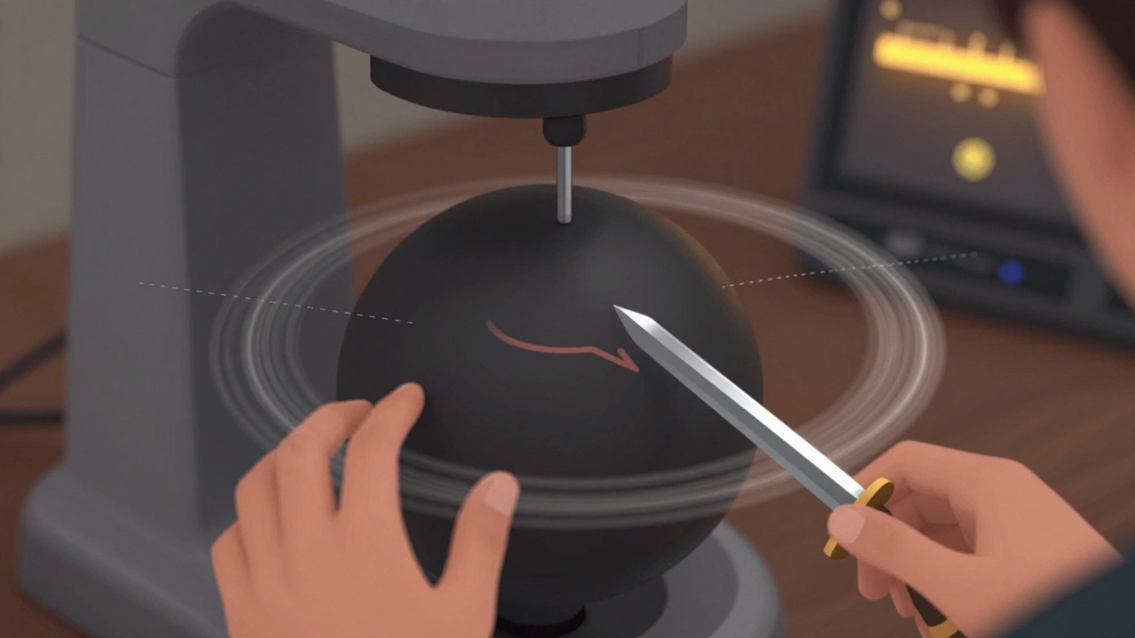 Hands adjusting a 3D audio sphere showing a sword clang spiraling upward, with object density meter visible.