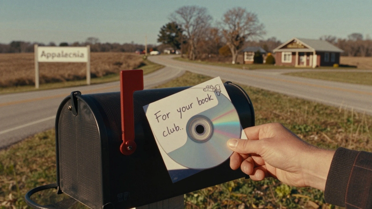 Handwritten DVD mailed to a book club, rural road in background with library and theater in distance.