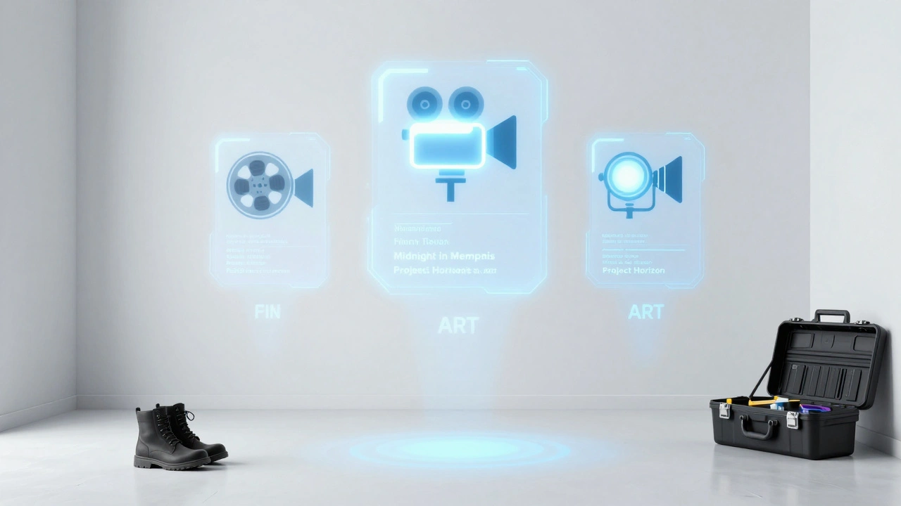 Holographic film department icons floating above a toolkit on a white floor.