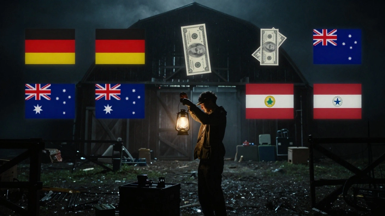 Horror film crew shooting at night in a foggy barn with global pre-sale deals floating above.