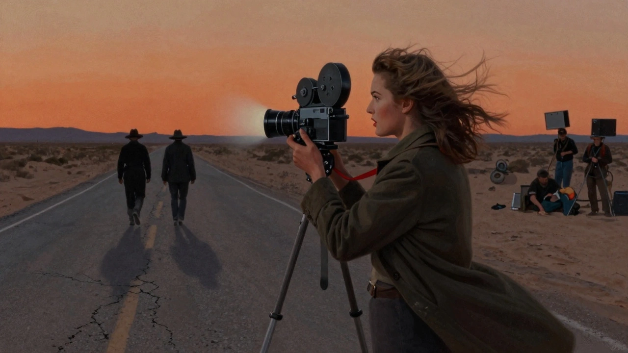 Ida Lupino filming two figures on a desert road at dusk with a handheld camera, natural twilight lighting.