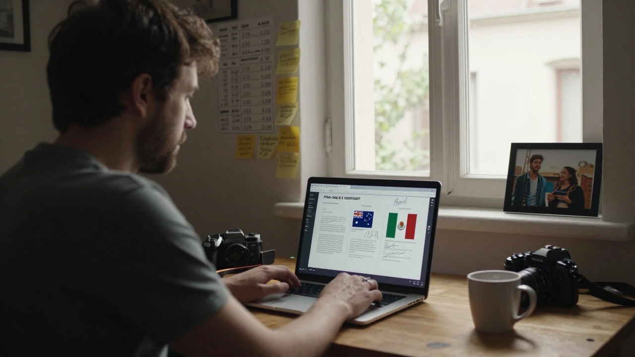 Independent filmmaker in Bucharest viewing signed pre-sale contracts on a laptop.