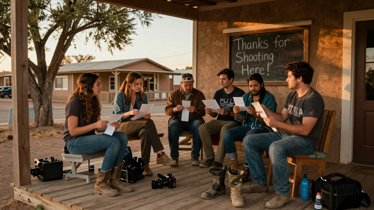 Indie film team celebrating on a porch in rural New Mexico with receipts and local diner in background.