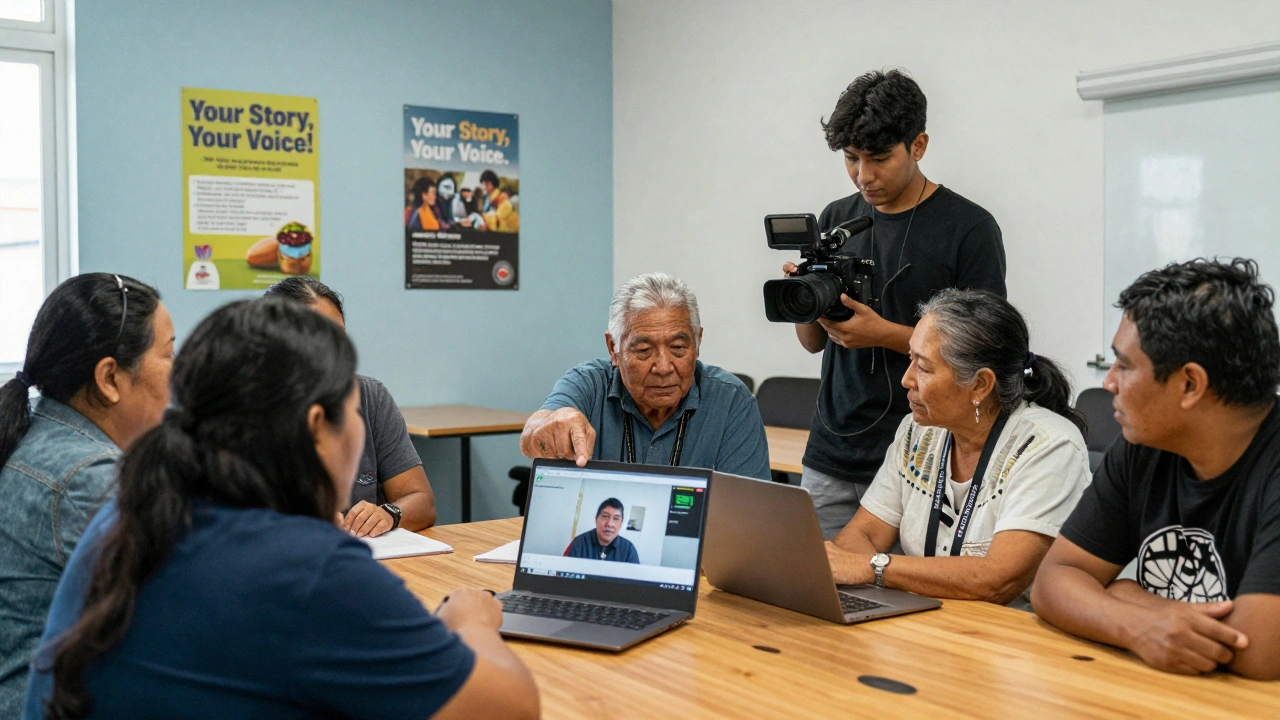 Indigenous community members reviewing documentary footage together with a filmmaker, seated around a laptop.