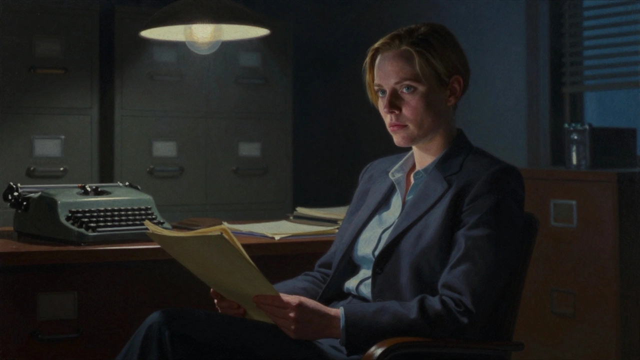 Jodie Foster as Clarice Starling in a dim FBI office, focused and solemn, clutching a file in shadowy light.