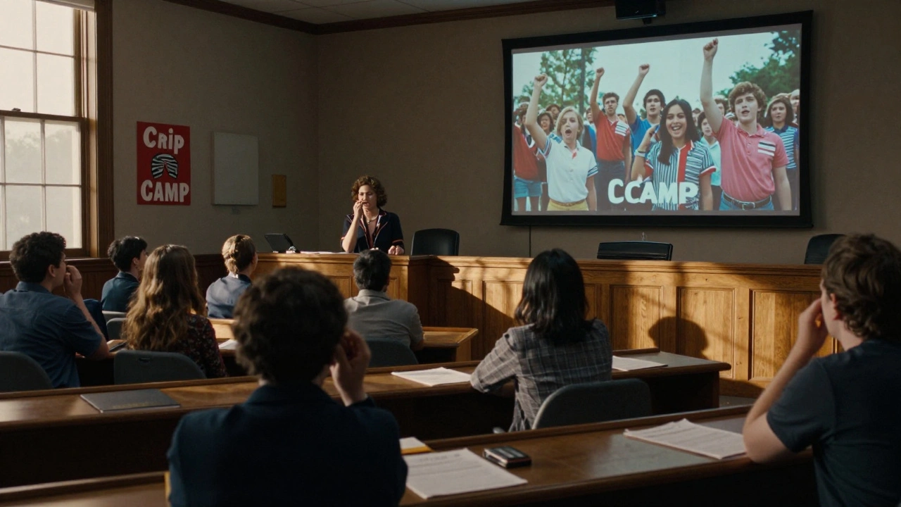 Lawmakers in a state assembly room quietly watching 'Crip Camp' footage on a monitor.