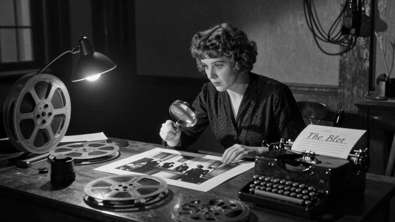 Lois Weber editing film reels at a wooden table in a dim studio, focused on a courtroom scene frame.