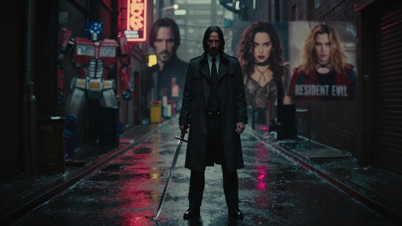 Lone figure in rain, failed franchise logos dissolving into smoke behind him.