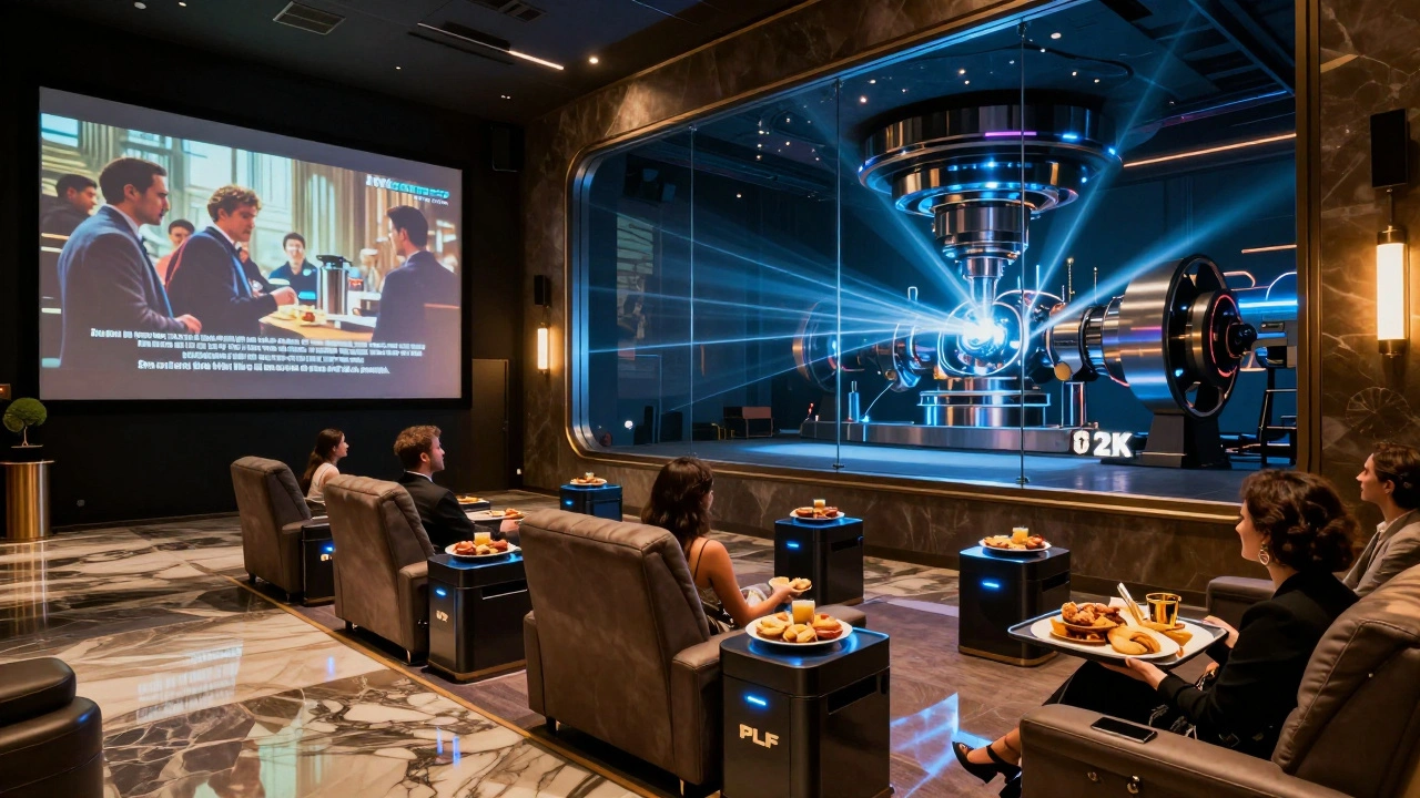 Luxury theater lobby with holographic previews and automated snack delivery to premium seats.