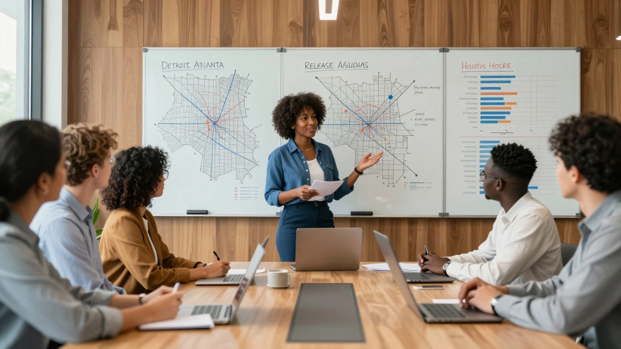 Marketing team presenting a strategic release plan with city maps and budget data on whiteboards