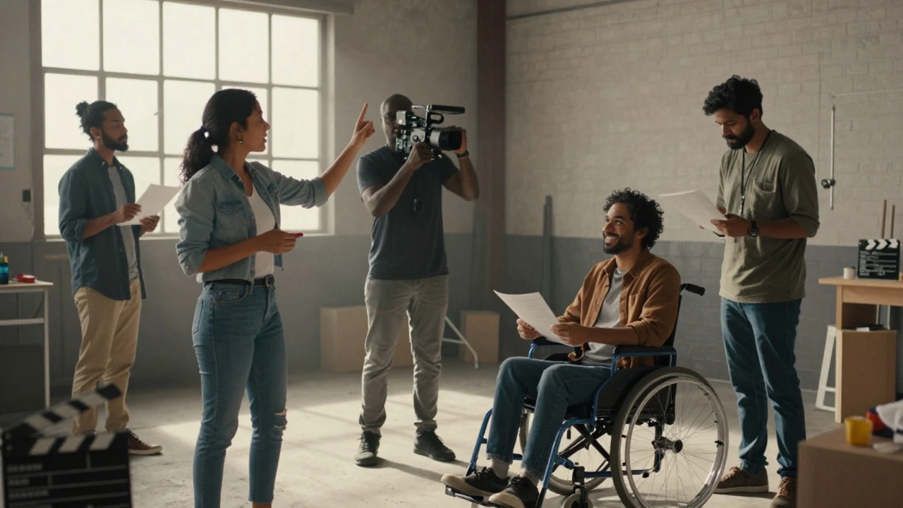 Multiracial film crew working behind the scenes on a set, natural light, authentic collaboration.