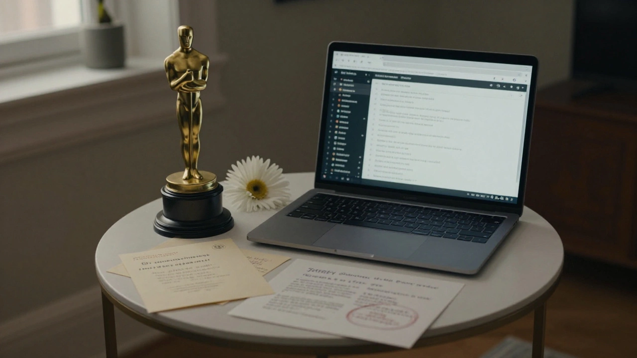 Oscar statuette beside a pressed flower and letters to voters, lit by warm lamplight.