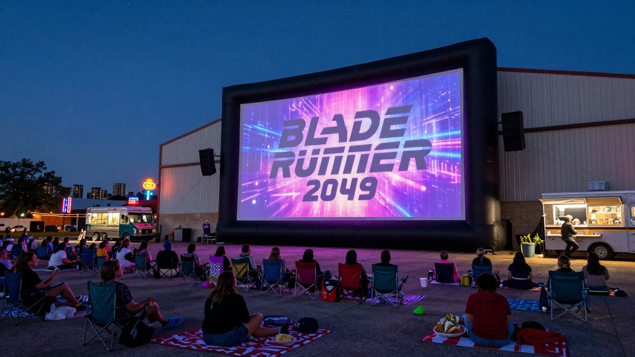 Over a thousand people gather under a giant inflatable screen showing Blade Runner 2049, eating tacos from a food truck as neon lights glow in the background.