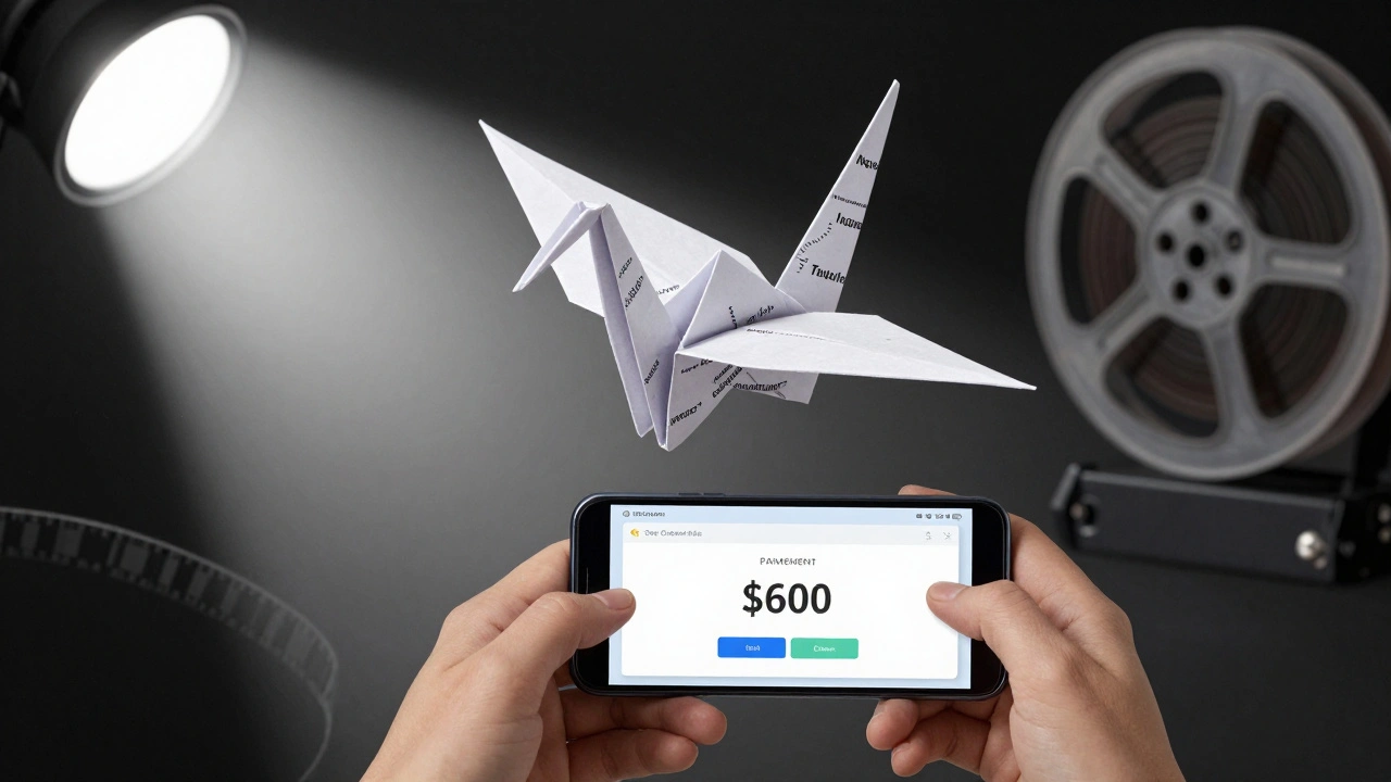 Paper crane made of insurance documents hovering over filmmaker&#039;s hands with festival light behind.